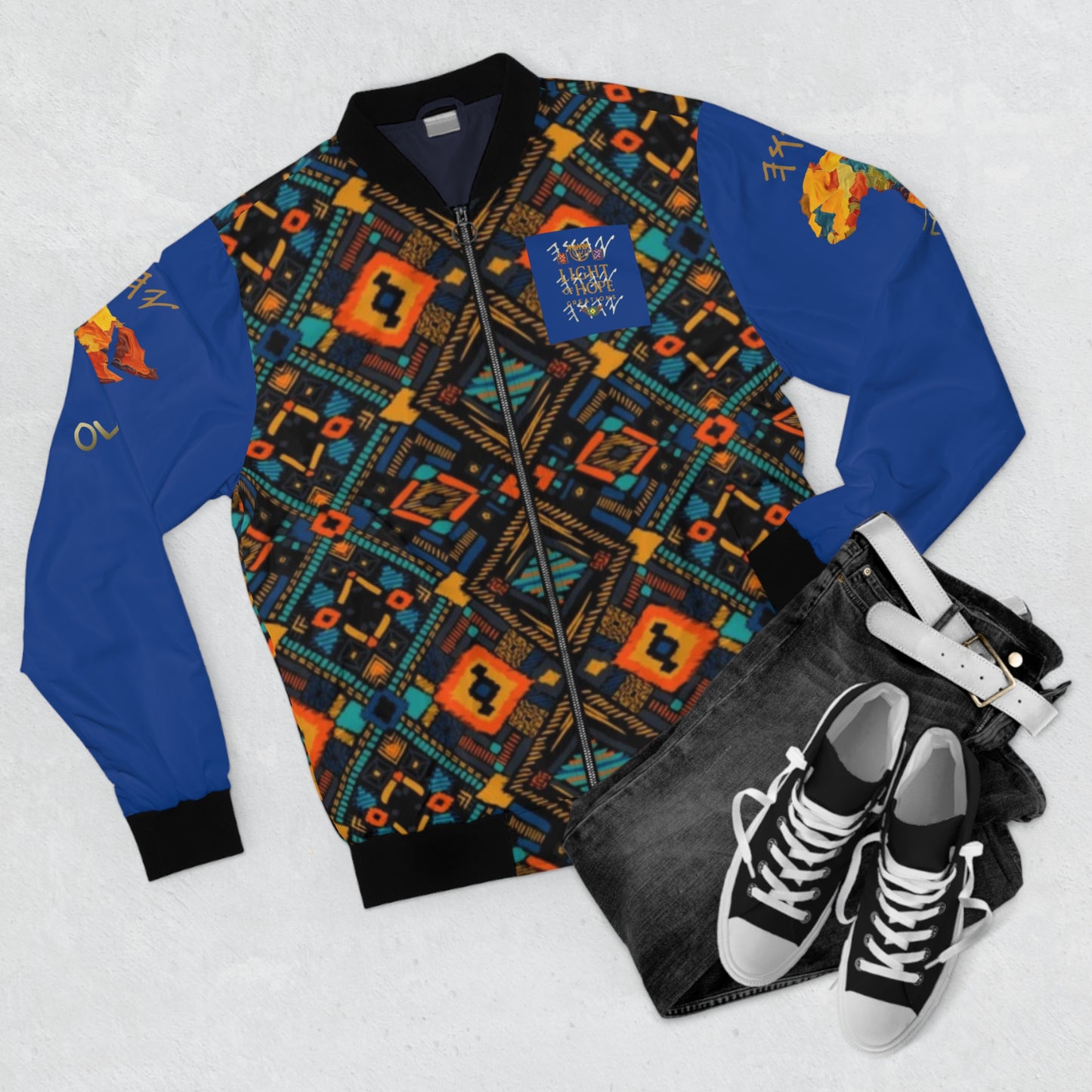 Yahuah Is My Light –  Blue Kente Bomber Jacket - Scriptural Affirmations Collection