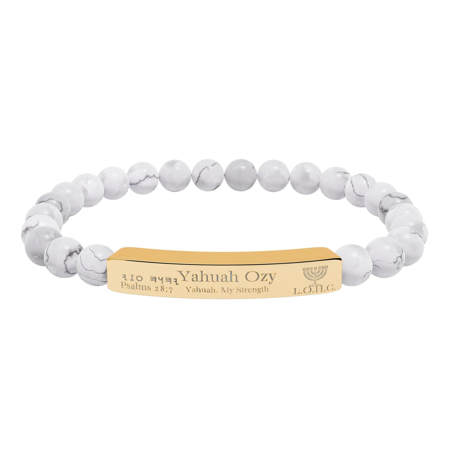 “Yahuah Ozy” (יָהוּה עֺזִּי) – “Yahuah, My Strength” — Natural Beaded Stone Stretch Bar Bracelet (Engraving)