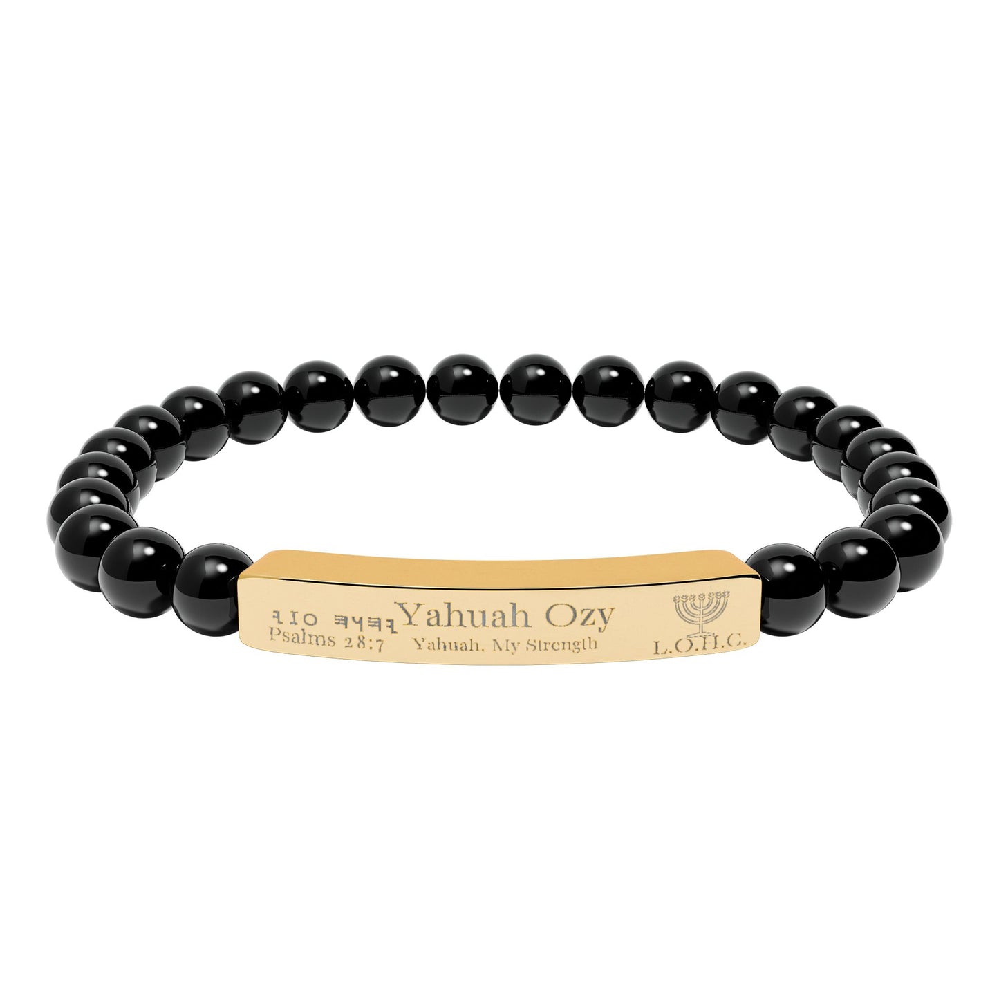 “Yahuah Ozy” (יָהוּה עֺזִּי) – “Yahuah, My Strength” — Natural Beaded Stone Stretch Bar Bracelet (Engraving)